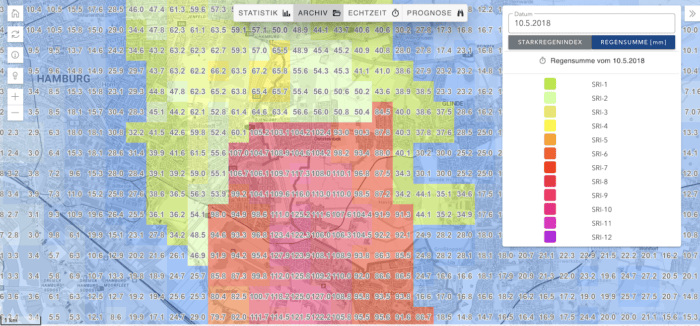 Starkregenkarte am 10.05.2018 - Screenshot - (c) Hamburg Wasser